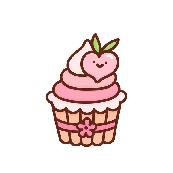 精美的纸杯蛋糕 上面装饰着可爱的桃子 背景为白色 甜点或甜糕点 Kawaii卡通矢量图解 — 图库矢量图片