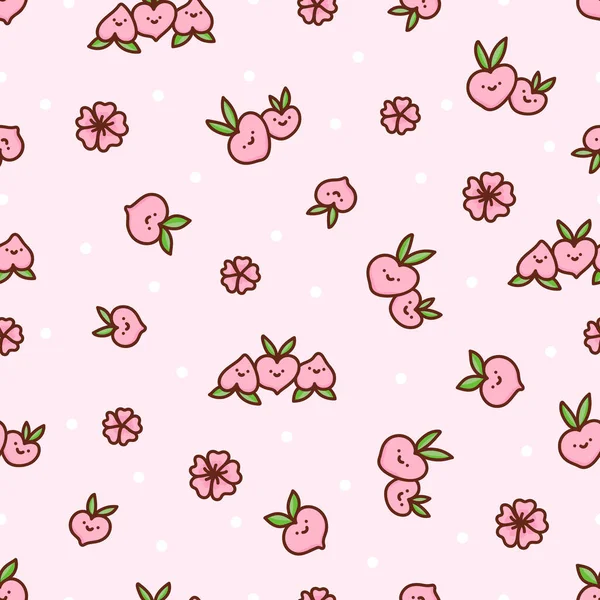 ピンクの背景に白いドットで 桃や花とかわいいシームレスなパターン フルーティーさの美しい背景 文房具用品 インテリア テキスタイル 包装紙などの印刷デザイン — ストックベクタ