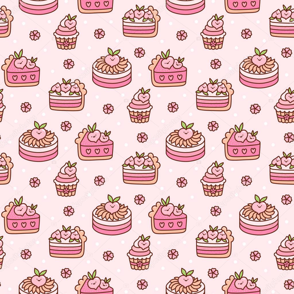 Cute seamless pattern with peach cakes and flowers, with white dots, on a pink background. Sweet beautiful background. Print design for stationery supplies, kitchen decor, textile, packaging, wrapping paper etc.