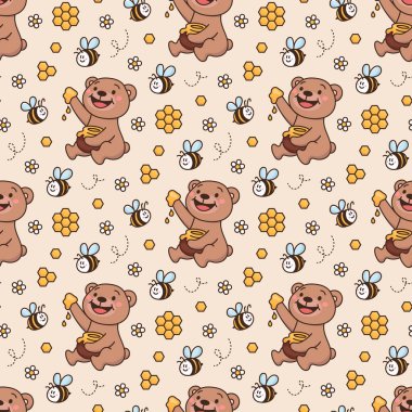 Oyuncak ayı, bal arısı arkadaşları, bal, papatya, bal peteği ile yüzey desenli tasarım. Çizgi film tarzında çocuksu bir geçmiş. Kırtasiye malzemeleri, dekor, tekstil, ambalaj, ambalaj kağıdı vs. için yazıcı tasarımı.