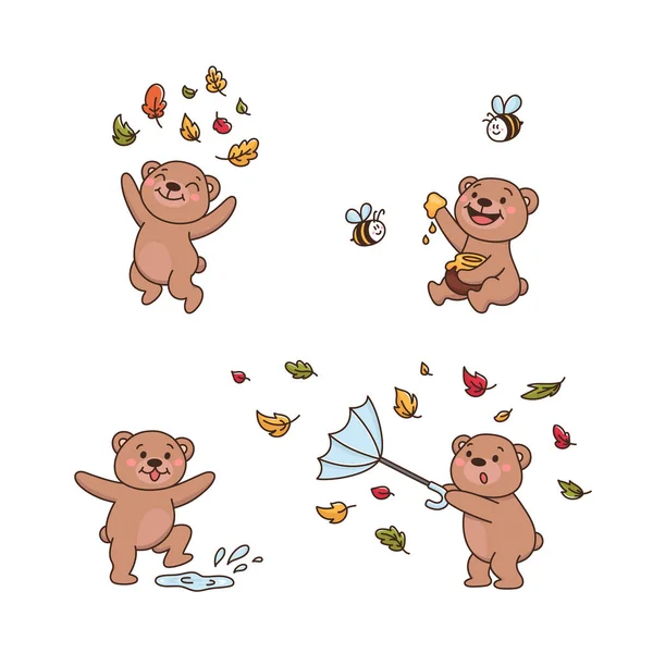 かわいいテディベアのセット クマは水たまりで遊び 秋の葉を投げ 蜂の友人と蜂蜜を食べ 傘で風を吹く 漫画風の子供向けベクトルイラスト — ストックベクタ