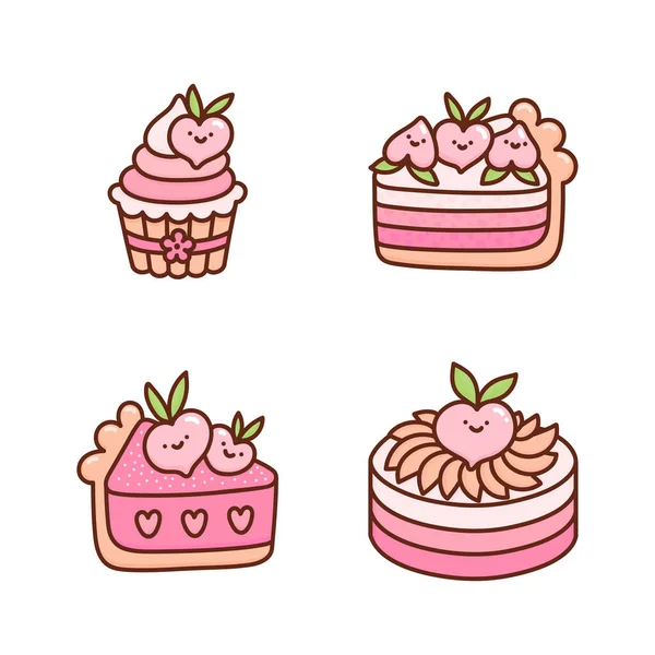 Set Cute Peach Cakes Decorated Flowers Fruits Hearts Isolated White — Stock Vector