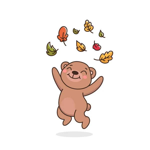 ハッピーテディベアは秋の葉を投げます 白い背景に隔離されたかわいい茶色の動物 漫画風の子供向けベクトルイラスト — ストックベクタ