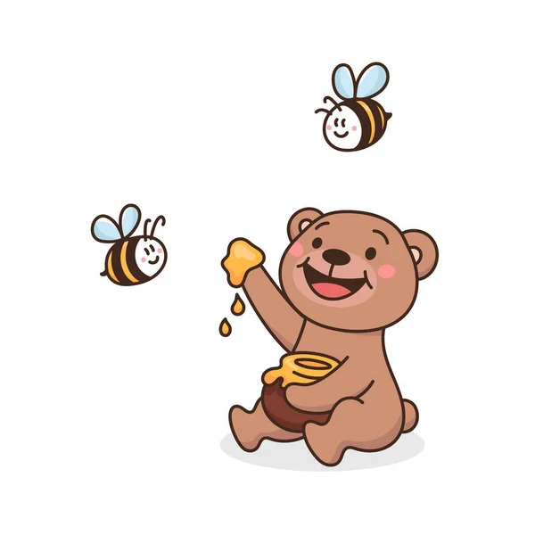 かわいいテディベアが鍋から蜂蜜を食べています 愛らしい茶色の獣とミツバチの友達 漫画風の子供向けベクトルイラスト — ストックベクタ