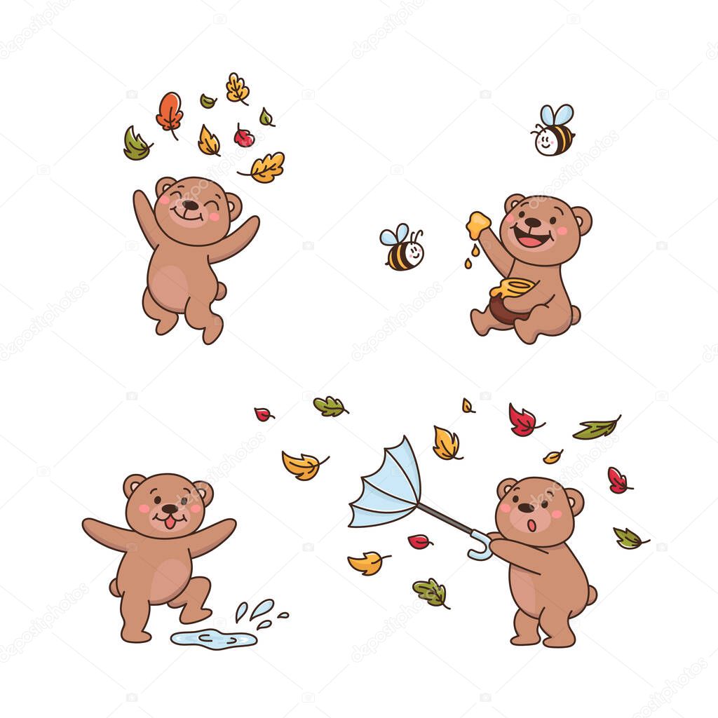 Set of cute teddy bears. Bear plays with a puddle, throws autumn leaves, eating honey with bee friends, with an umbrella blows the wind. Childish vector illustration in cartoon style. 