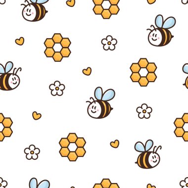 Yüzey dizaynı, bal arısı, papatya, bal peteği, kalp. Çizgi film tarzında güzel bir arka plan. Kırtasiye malzemeleri, dekor, tekstil, ambalaj, ambalaj kağıdı vs. için yazdır.