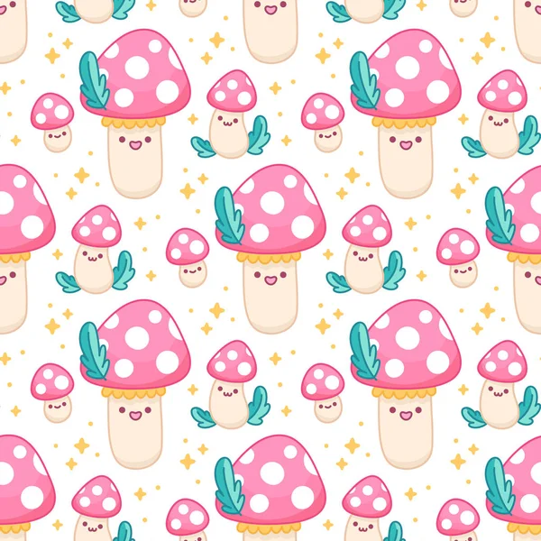 Bezešvé Vzor Roztomilé Kawaii Houby Amanita Listy Hvězdy Tileable Nekonečné — Stockový vektor