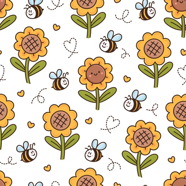 可愛いひまわりやミツバチ ハートをモチーフにした表面パターンデザイン 漫画風の美しい背景 文房具 装飾品 包装紙などの印刷 — ストックベクタ