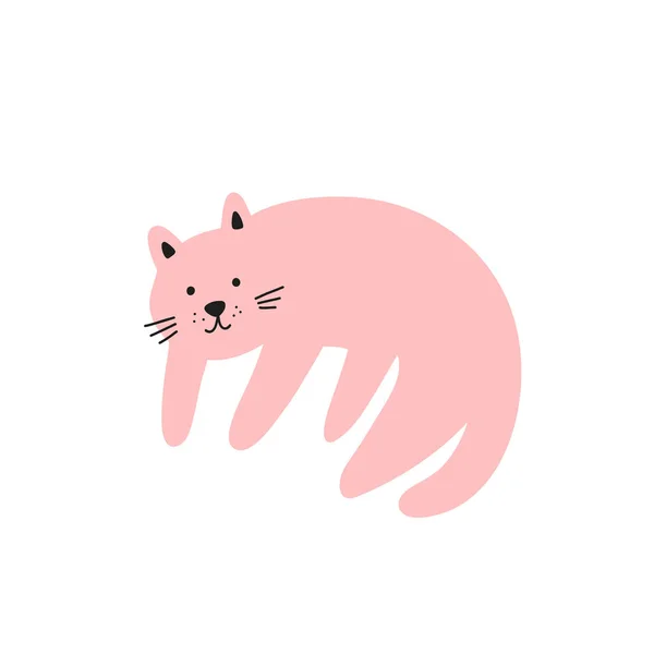 Funny Pink Cat Lying Adorable Sweet Kitty Pet Flat Vector — Stock Vector