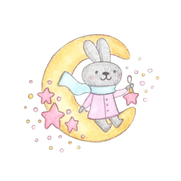 Акварель Персонаж Милый Кролик Сидящий Луне Рождественской Игрушечной Звездой Детская — стоковое фото
