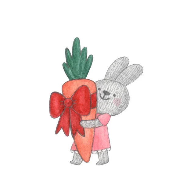 Watercolor Character Cute Bunny Carrot Gift Her Hands Christmas Illustration — Stock Photo, Image