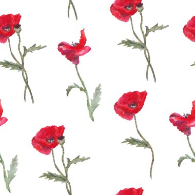 Çiçek desenli kırmızı sulu boya haşhaş ve yaprakları ile