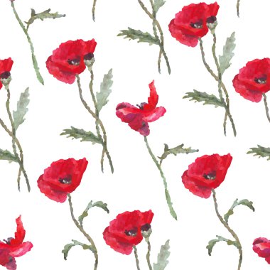 Çiçek desenli kırmızı sulu boya haşhaş ve yaprakları ile