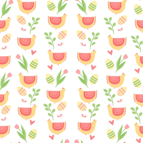 Cute pattern for Easter with eggs, hens and tulip — Stock Vector