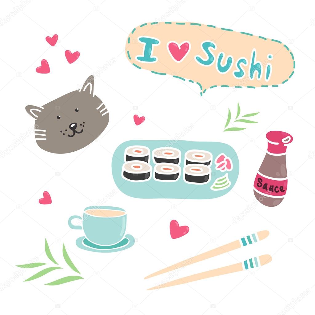 Asian food set, with the muzzle a cat on a white background