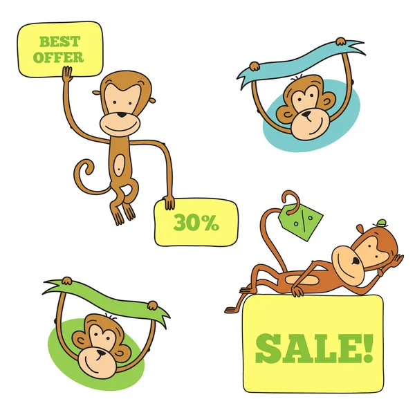 Mono en diferentes poses con pancartas — Archivo Imágenes Vectoriales