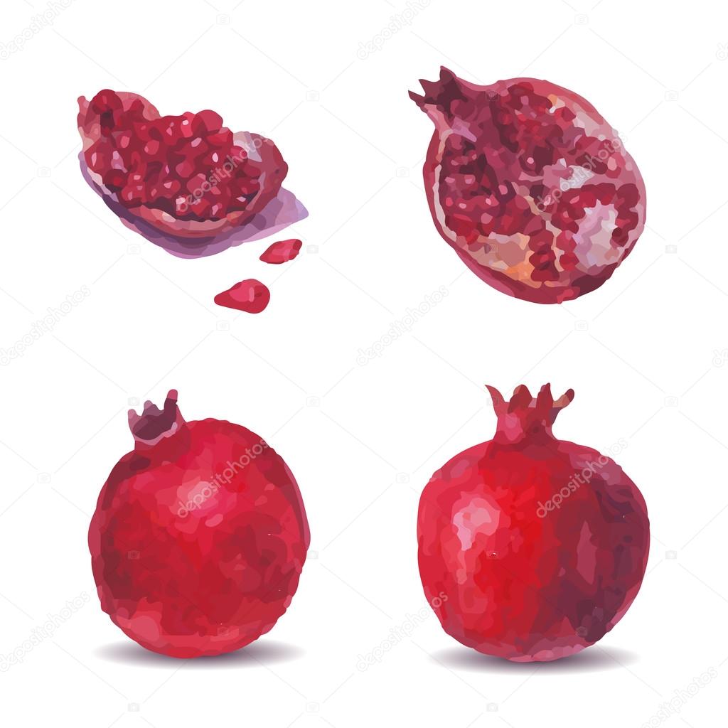 Picture a pomegranate, half and quartered and grain on a white background.