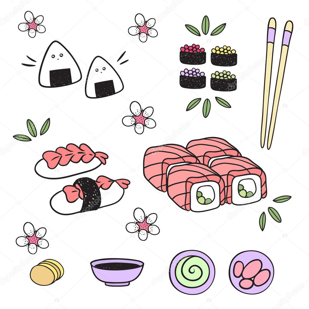 Japanese food: sushi, rolls, onigiri, appetizer, sauce. Elements