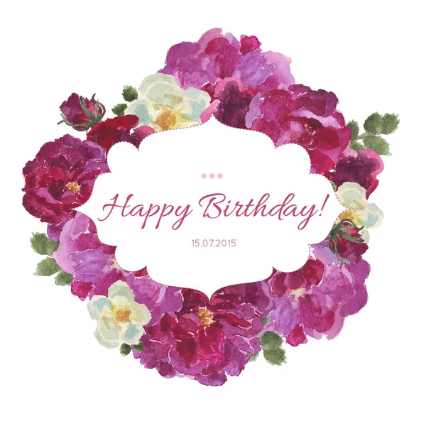 Tarjeta con las palabras "Feliz Cumpleaños" con marco y deseo floral — Archivo Imágenes Vectoriales