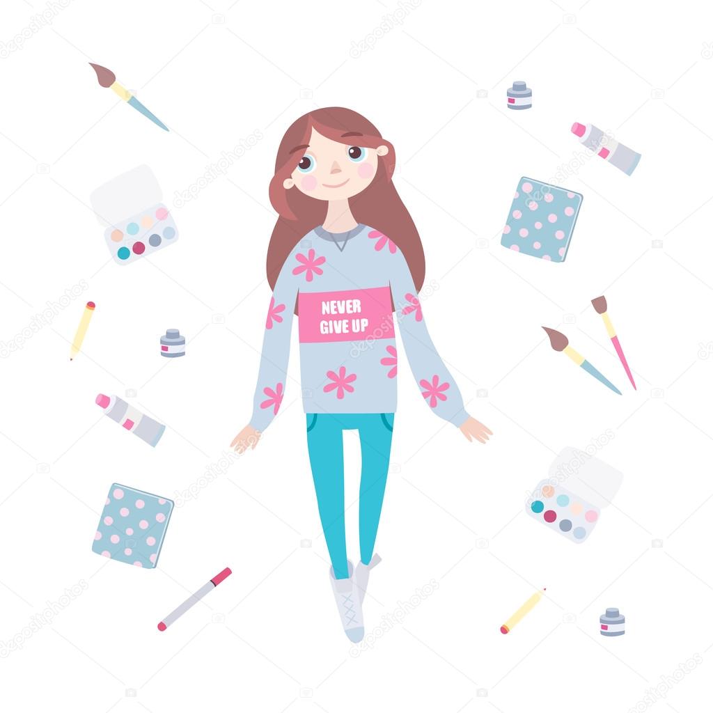 Young girl artist in hoodie, with the words 
