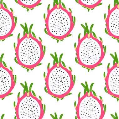 Beyaz arka plan üzerinde dragon meyve ile tropikal seamless modeli.