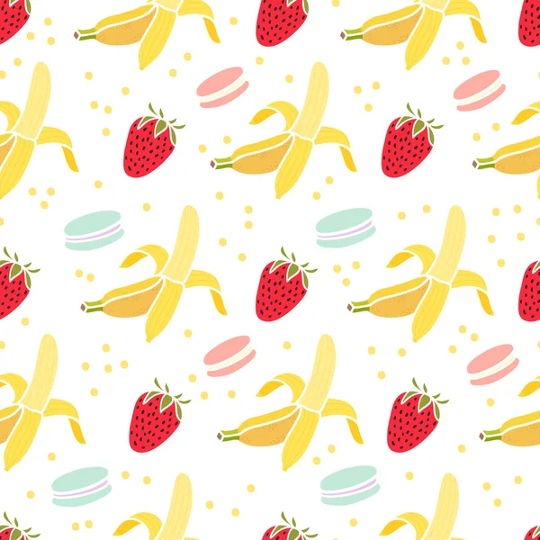 Naadloze patroon met aardbeien, bananen, macaroon op de witte achtergrond. — Stockvector
