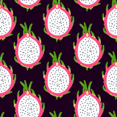 Dragon meyve siyah arka plan üzerine ile tropikal seamless modeli.