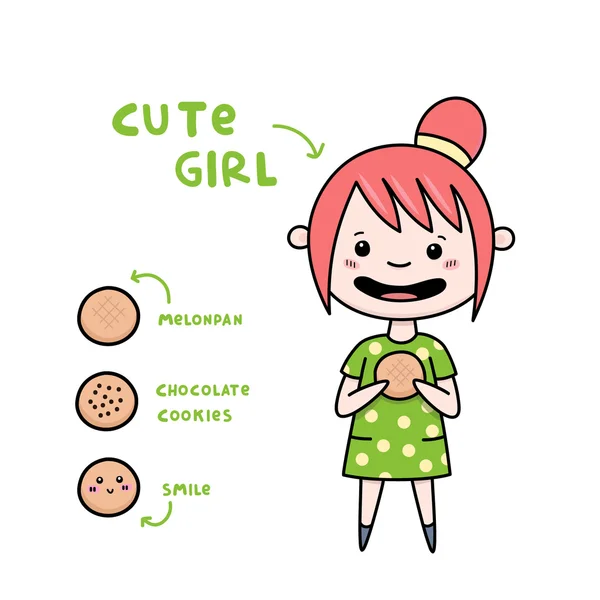 Ganska ung flicka i en klänning äta japansk mat "melonpan". — Stock vektor
