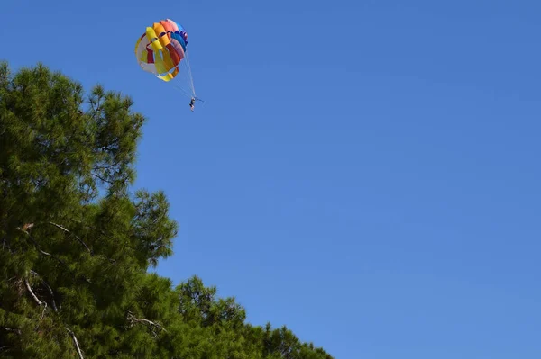 Fritids Fallskärmshoppning Bakgrund Silhuetter Människan Fallskärm Bogseras Bakom Båt Parasailing — Stockfoto