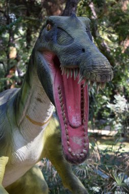 Kükreyen Baryonyx, arka plandaki orman parkında uzun otların üzerinde duran model dinozor heykeli. Türkiye 'de Dinopark, Goynuk. Tarih öncesi dinozor dişlek ağzını gösteriyor.
