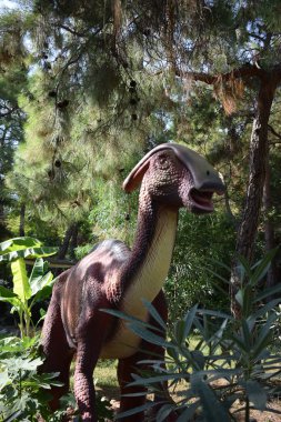 Dinosaur statue in the forest park in nature for background. Realistic sculpture of a dinosaur Parasaurolophus full-size in the Dinopark in Turkey, Goynuk. Late Cretaceous, 76-65 million years ago clipart