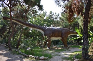 Brachiosaurus dinozor modeli vahşi doğada yaz ormanlarında yakındır. Türkiye 'de Dinopark, Goynuk. Gerçekçi bir manzara. 156-145 milyon yıl önceki son Jura dönemi.