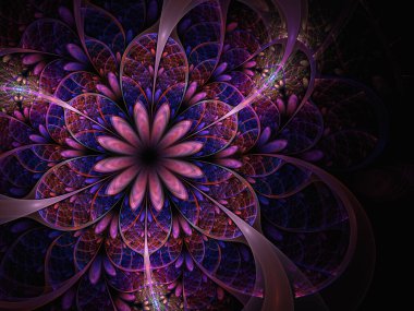 Renkli güzel fraktal çiçek vitray şeklinde. Yaratıcı tasarım ve sanat için üç boyutlu sanat eserleri. Fantezi fraktal çiçek tasarımı. Dijital sanat.