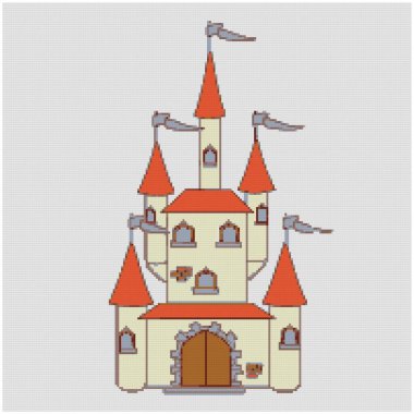 Sihirli şirin masal şatosu. Sihirli fantezi kale. Çapraz dikiş nakışının resmi. Örülmüş tuval yapının taklidi. Kumaş dekoru, çapraz dikiş, el nakışı, dikiş.