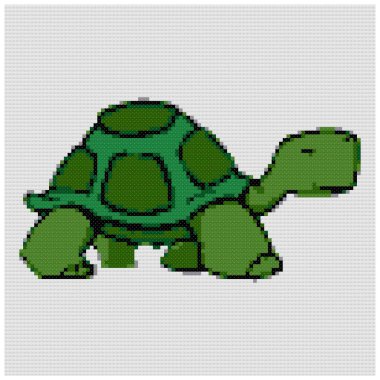 Gülen Yeşil Kaplumbağa çizgi filmi. Çapraz dikiş nakışının resmi. Örülmüş tuval yapının taklidi. Kumaş dekoru, güzel çapraz dikiş, el işlemesi, dikiş.