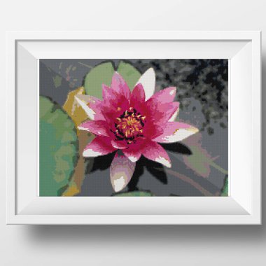 Gölette pembe nilüfer. Çapraz dikiş nakışının resmi. Örülmüş tuval yapının taklidi. Çerçeveli kumaş dekoru, güzel çapraz dikiş, el işlemesi, dikiş.