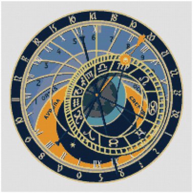 Prag 'daki Prag Astronomik Saati, Eski Belediye Binası. Çek Cumhuriyeti. Çapraz dikiş nakışının resmi. Örülmüş tuval yapının taklidi. Kumaş dekor, güzel çapraz dikiş.