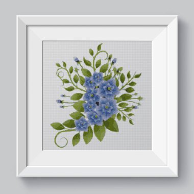 Beyaz arka planda güzel mavi çiçekler. Çapraz dikiş nakışının resmi. Örülmüş tuval yapının taklidi. Çerçeveli kumaş dekoru, güzel çapraz dikiş, el işlemesi, dikiş.