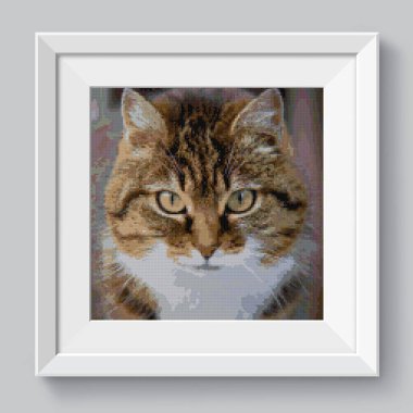 Kırmızı kedi portresi. Çapraz dikiş nakışının resmi. Örülmüş tuval yapının taklidi. Kumaş dekoru, güzel çapraz dikiş, el işlemesi, dikiş.