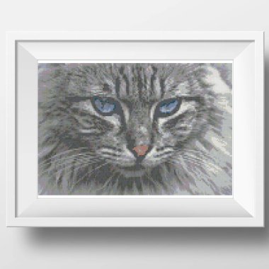 Zarif Gri Kedi portresi. Çapraz dikiş nakışının resmi. Örülmüş tuval yapının taklidi. Çerçeveli kumaş dekoru, güzel çapraz dikiş, el işlemesi, dikiş.