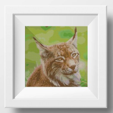 Dinleniyorum Luchs. Avrasya Vaşağı 'nın (Lynx vaşak) yakın plan portresi. Vaşak kafaya yakın çekim. Çapraz dikiş nakışının resmi. Örülmüş tuval yapının taklidi. Çerçevelenmiş kumaş dekoru