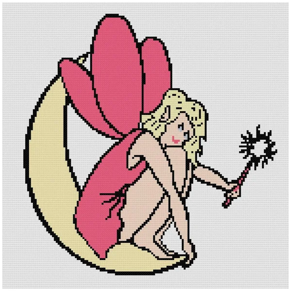 Fairy Magic Wand Sitting Moon Illustration Cross Stitch Embroidery Imitation — Stock Photo, Image