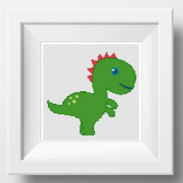 Funny cartoon dinosaur. Prehistoric lizard for children. Dino reptiles isolated on white. Illustration of cross stitch embroidery. Imitation of knitted canvas structure. Fabric decor, cross-stitch