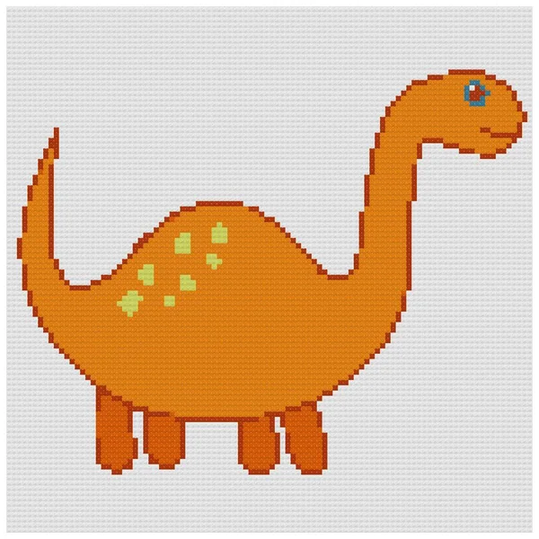 Funny cartoon dinosaur. Prehistoric lizard for children. Dino reptiles isolated on white. Illustration of cross stitch embroidery. Imitation of knitted canvas structure. Fabric decor, cross-stitch