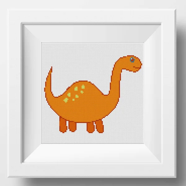 Funny cartoon dinosaur. Prehistoric lizard for children. Dino reptiles isolated on white. Illustration of cross stitch embroidery. Imitation of knitted canvas structure. Fabric decor, cross-stitch