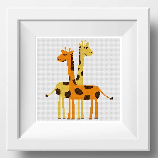 Funny giraffe. Cute cartoon African animal. Illustration of cross stitch embroidery. Imitation of knitted canvas structure. Framed fabric decor, beautiful cross-stitch, hand embroidered, needlework