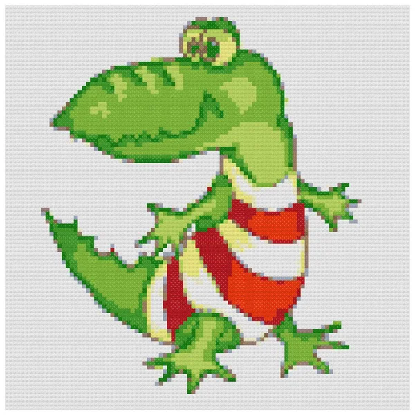 Cartoon animal crocodile on white background. Illustration for the children. Illustration of cross stitch embroidery. Imitation of knitted canvas structure. Fabric decor, beautiful cross-stitch