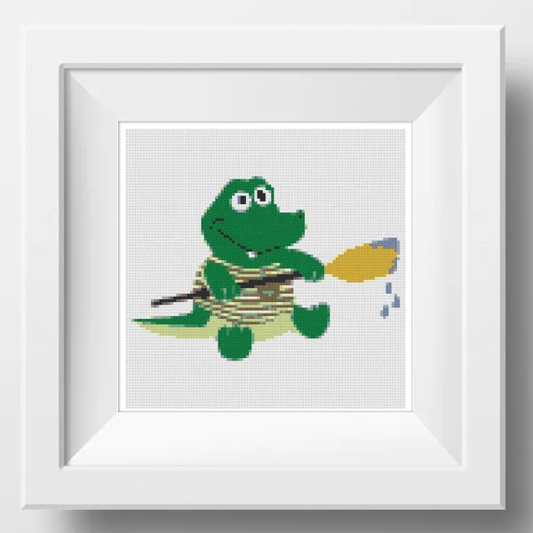 Cartoon animal crocodile on white background. Illustration for the children. Illustration of cross stitch embroidery. Imitation of knitted canvas structure. Framed fabric decor, cross-stitch