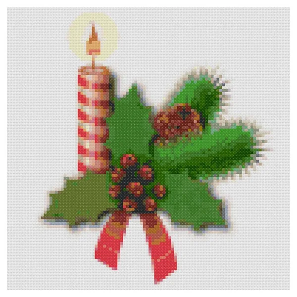 Christmas Decoration Candle Ribbon Cones Illustration Cross Stitch Embroidery Imitation — Stock Photo, Image