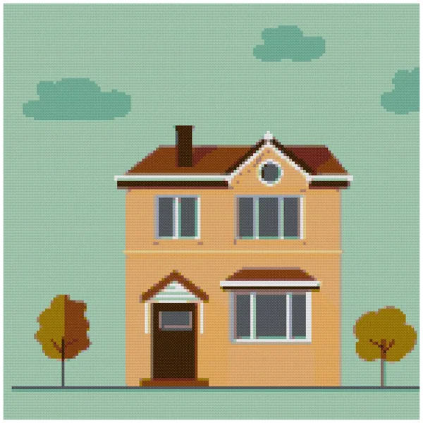 Autumn Scenery Landscape Small Country House Cottage Illustration Cross Stitch — Stock Photo, Image